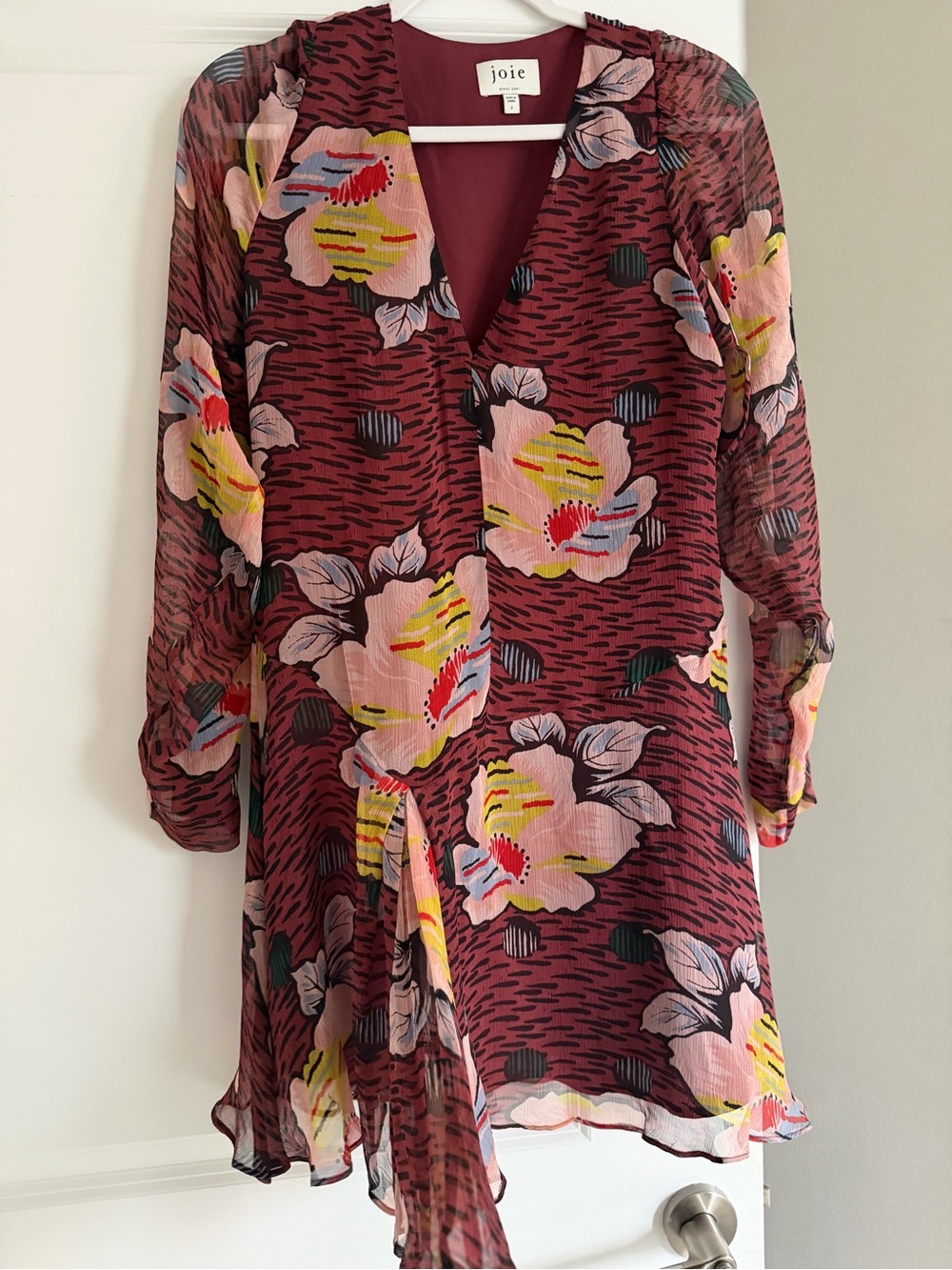 Joie Burgundy Floral Tie-Waist Long Sleeve Dress